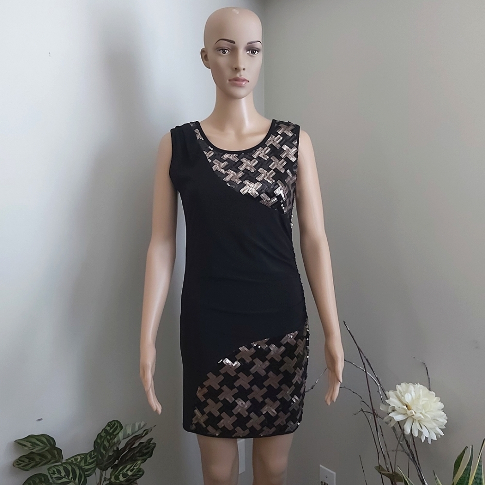 Colori black gold sequins short mini tank sleeveless dress bodycon Y2K